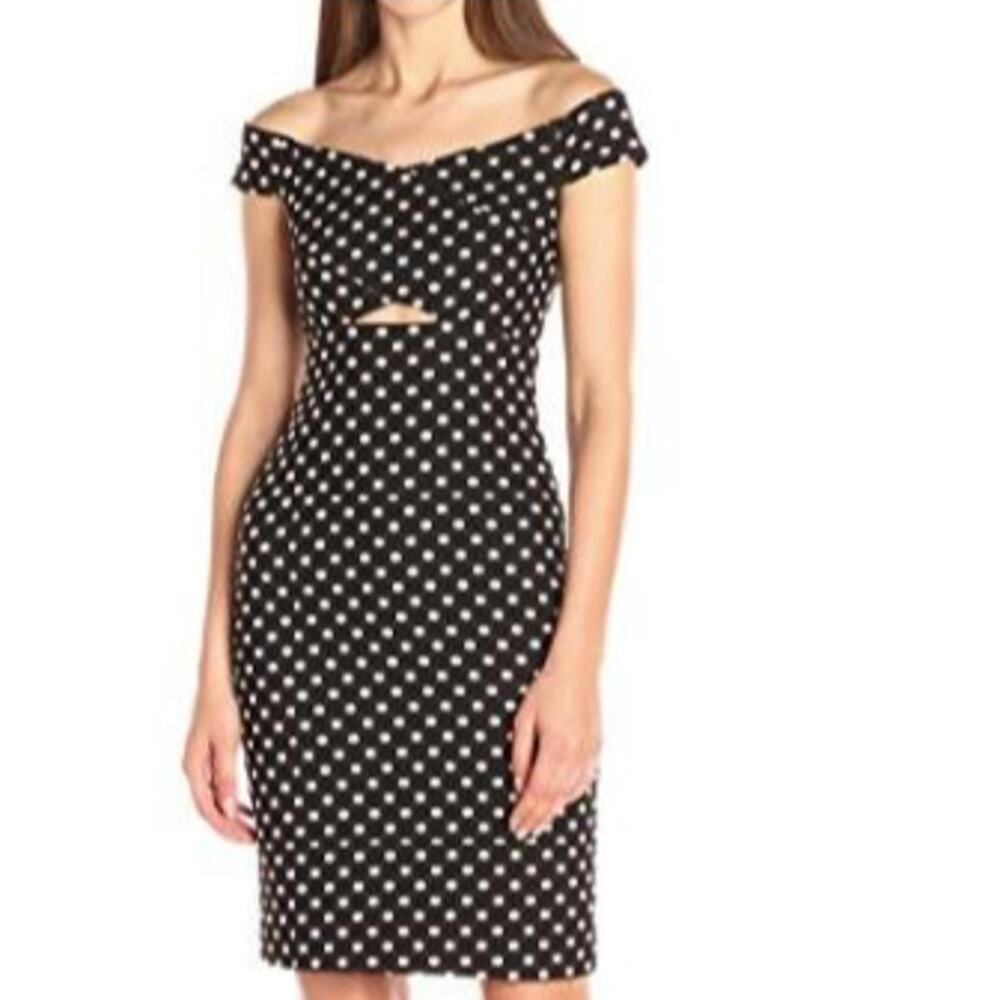 Nicole Miller NY Off the Shoulder Polka-Dot Jaquard Sheath Dress Black Gold 8